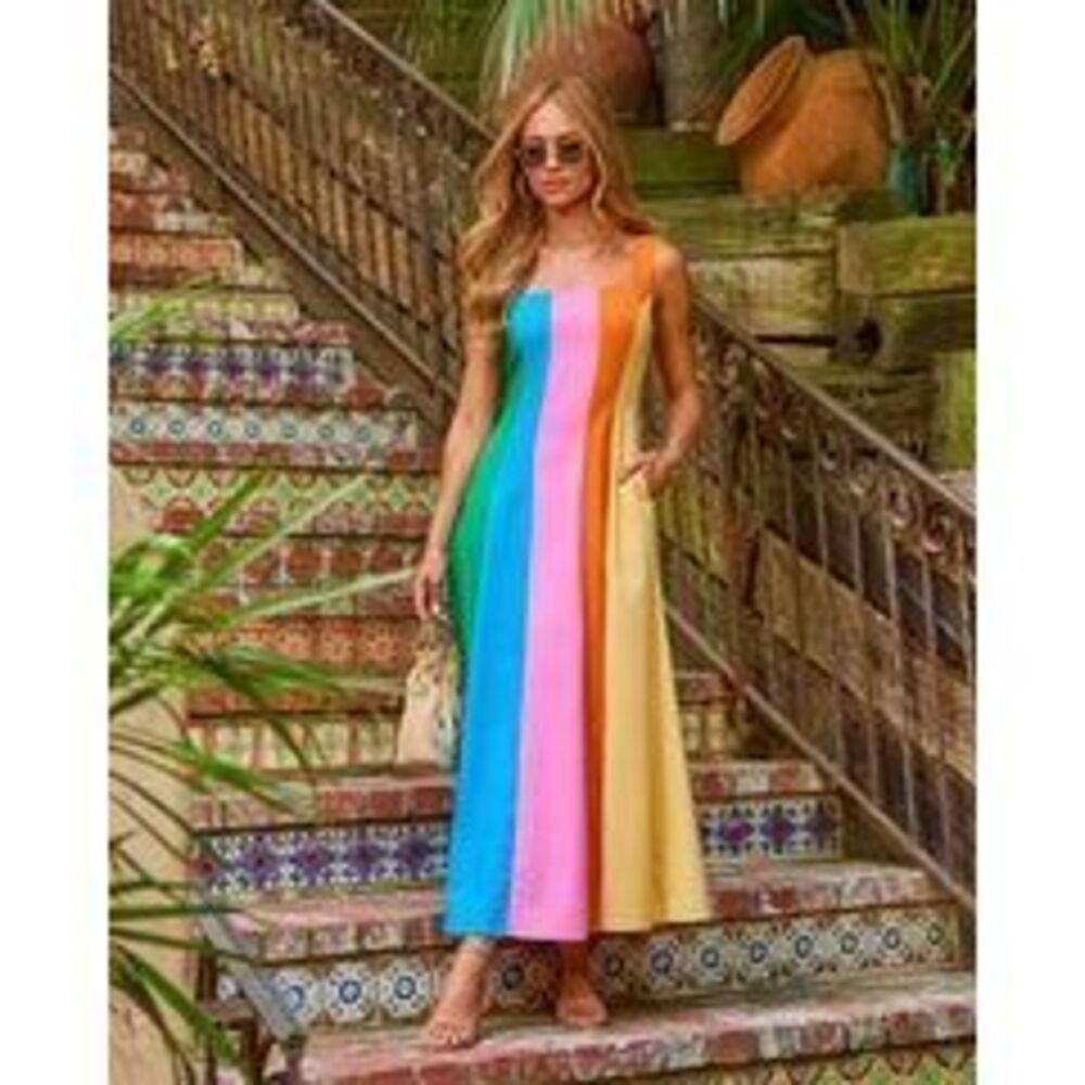 Glory Days Linen Blend Color Block Maxi Dress - Rainbow / S